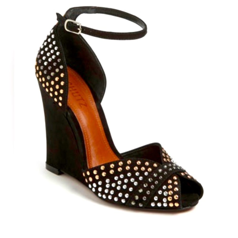 ‼️SALE‼️✨HP✨SCHUTZ Solange Peep Toe Wedge, BlackSuedeTri-Color Studs, 7.5